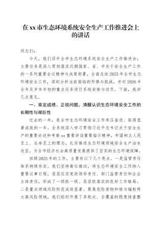 在市生态环境系统安全生产工作推进会上的讲话