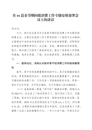 在县春节期间促消费工作专题安排部署会议上的讲话