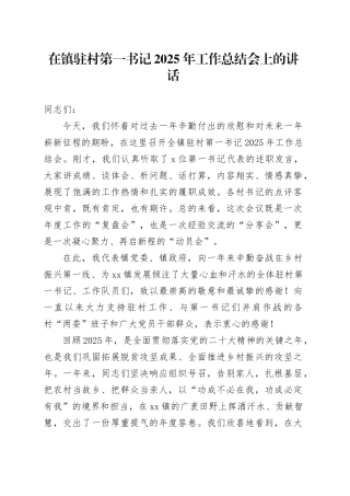 在镇驻村第一书记2025年工作总结会上的讲话