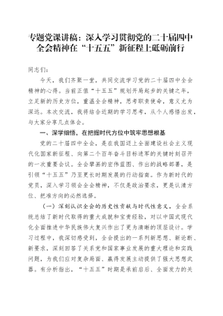 专题党课讲稿：深入学习贯彻党的二十届四中全会精神在“十五五”新征程上砥砺前行