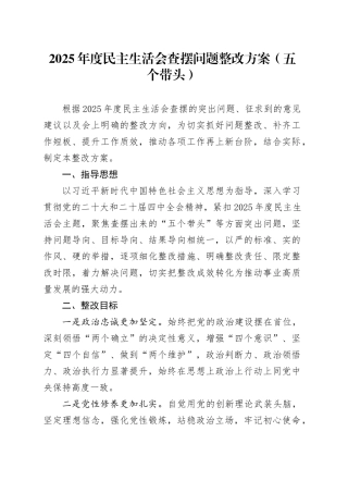 2025年度民主生活会查摆问题整改方案 （五个带头）20260314