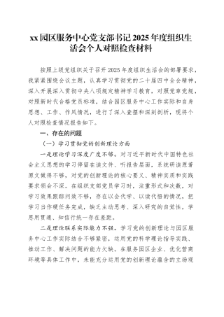 XX园区服务中心党支部书记2025年度组织生活会个人对照检查材料