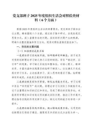 党支部班子2025年度组织生活会对照检查材料（6个方面）20260312