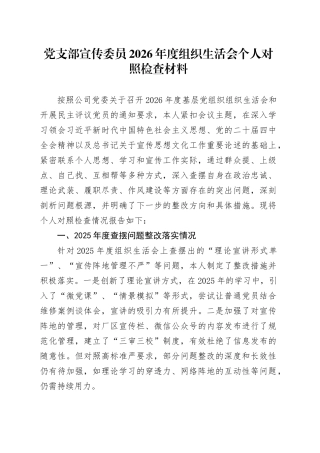 党支部宣传委员2026年度组织生活会个人对照检查材料