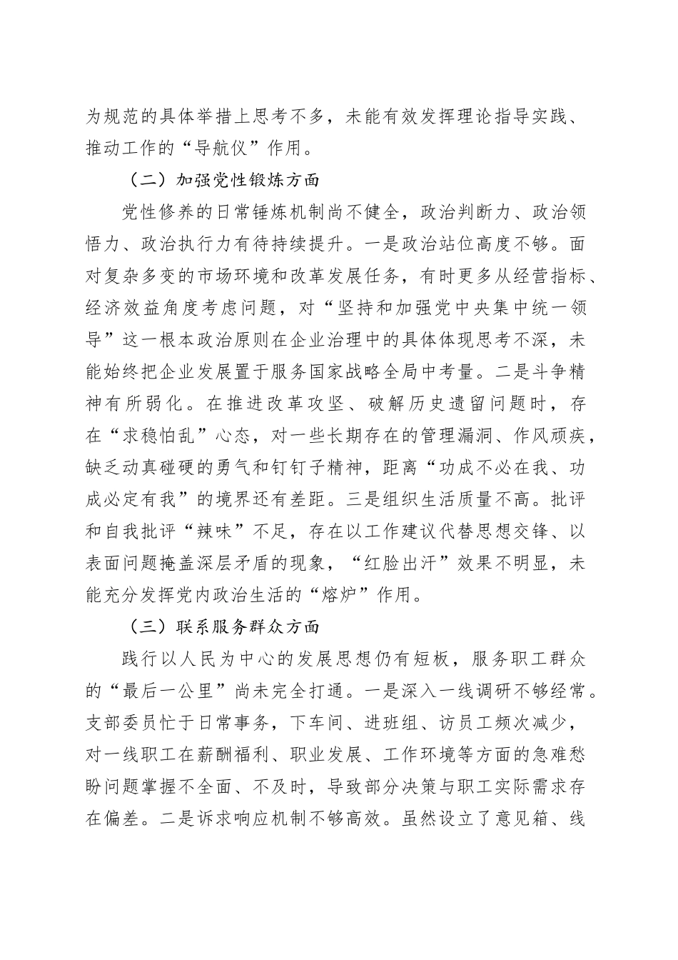 公司党支部委员会2025年度组织生活会对照检查材料_第2页