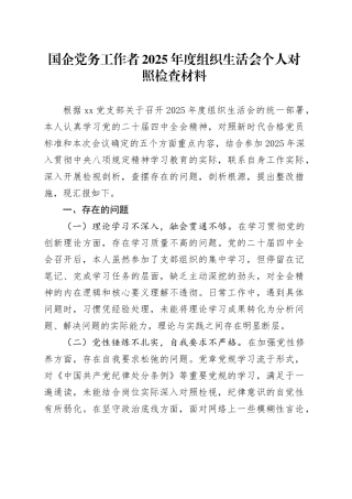 国企党务工作者2025年度组织生活会个人对照检查材料20260310