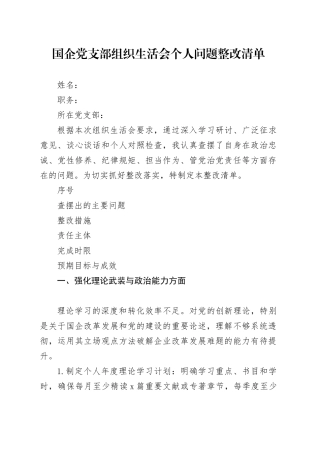 国企党支部组织生活会个人问题整改清单