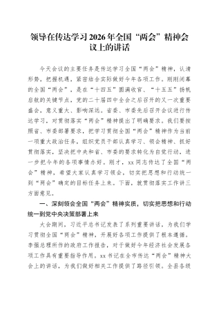 领导在传达学习2026年全国“两会”精神会议上的讲话20260314