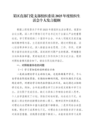 某区直部门党支部组织委员2025年度组织生活会个人发言提纲20260312