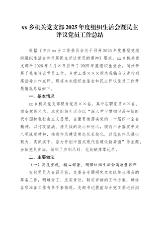 乡机关党支部2025年度组织生活会暨民主评议党员工作总结20260310