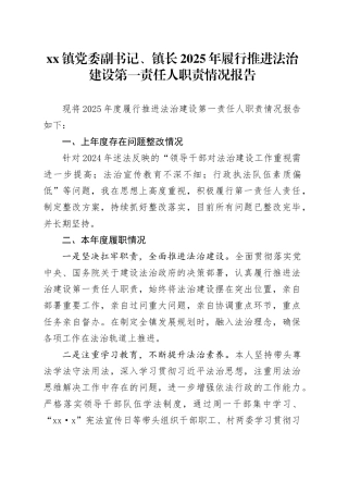 镇党委副书记、镇长2025年履行推进法治建设第一责任人职责情况报告
