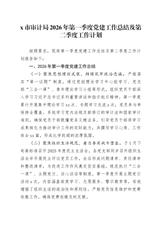 X市审计局2026年第一季度党建工作总结及第二季度工作计划