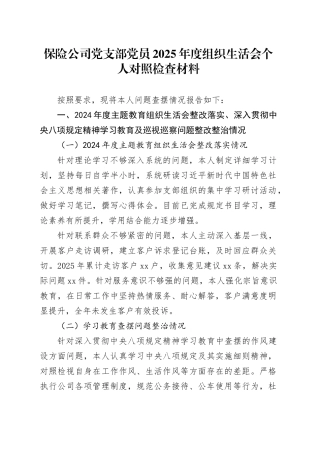 保险公司党支部党员2025年度组织生活会个人对照检查材料20260316