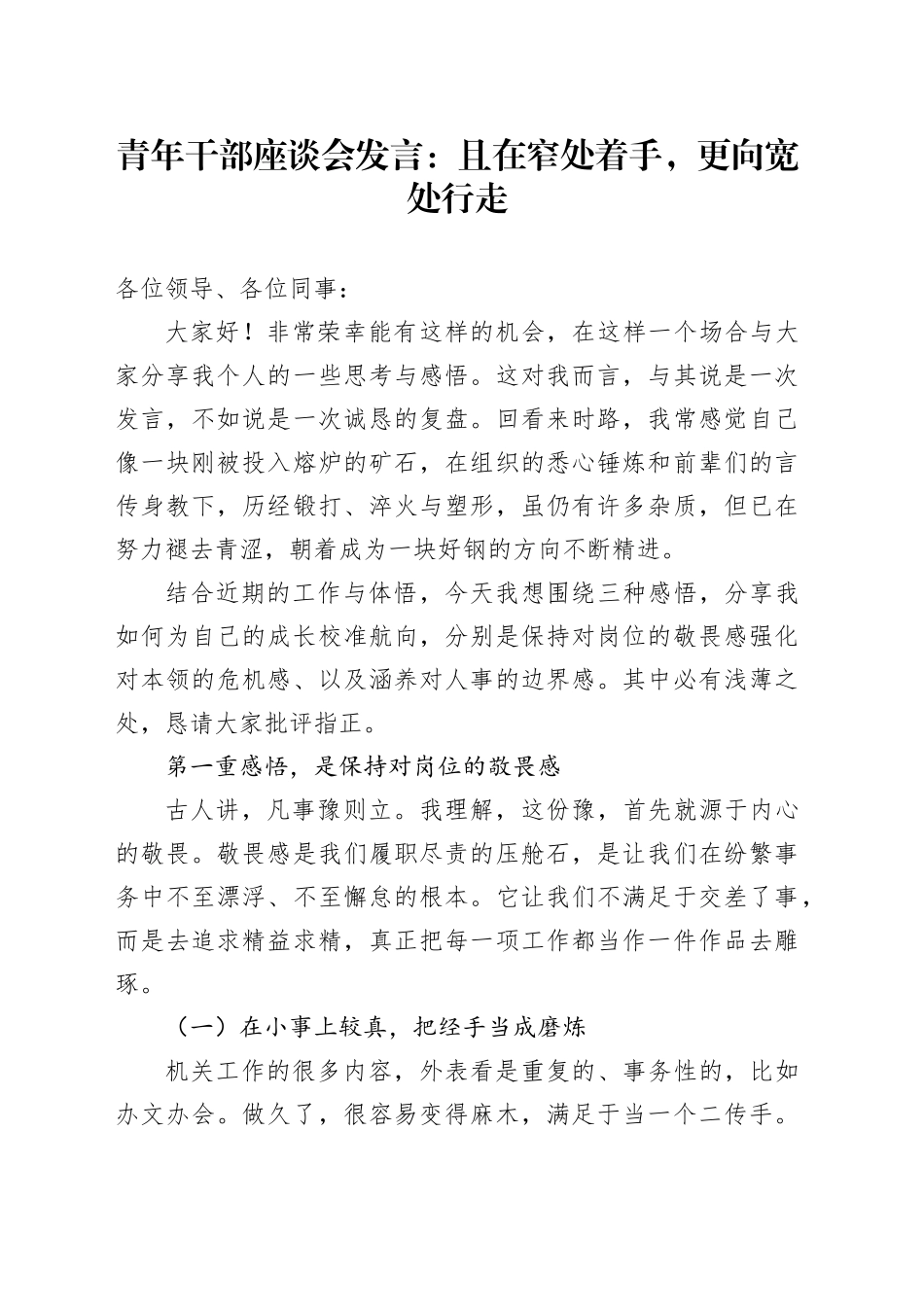 青年干部座谈会发言：且在窄处着手，更向宽处行走_第1页