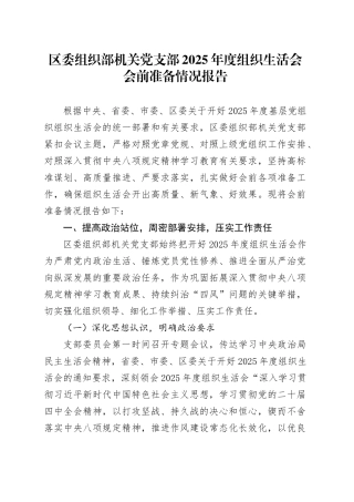 区委组织部机关党支部 2025 年度组织生活会会前准备情况报告