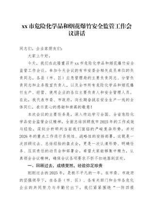 市危险化学品和烟花爆竹安全监管工作会议讲话