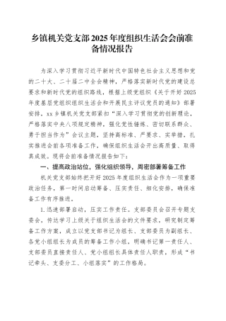 乡镇机关党支部 2025 年度组织生活会会前准备情况报告