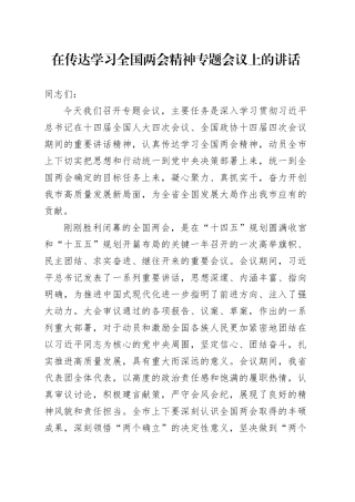 在传达学习全国两会精神专题会议上的讲话
