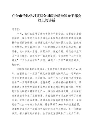 在全市传达学习贯彻全国两会精神领导干部会议上的讲话