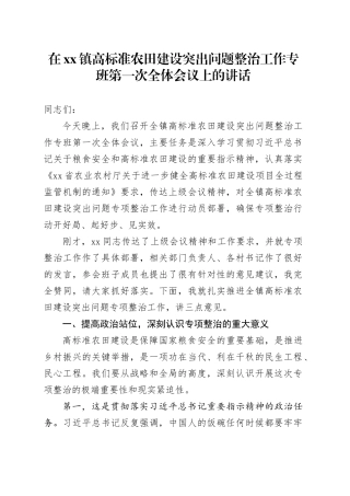 在镇高标准农田建设突出问题整治工作专班第一次全体会议上的讲话