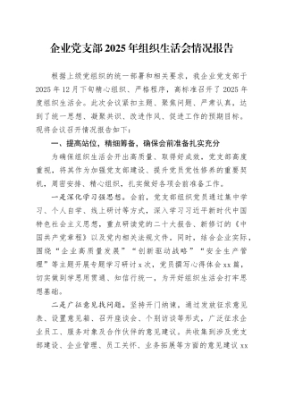 企业党支部2025年组织生活会情况报告