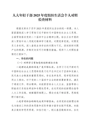 人大年轻干部2025年度组织生活会个人对照检查材料