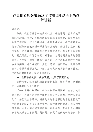 在局机关党支部2025年度组织生活会上的点评讲话