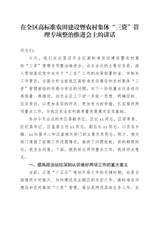 在全区高标准农田建设暨农村集体“三资”管理专项整治推进会上的讲话