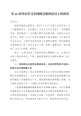 在市传达学习全国两会精神会议上的讲话