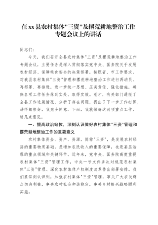 在县农村集体“三资”及撂荒耕地整治工作专题会议上的讲话