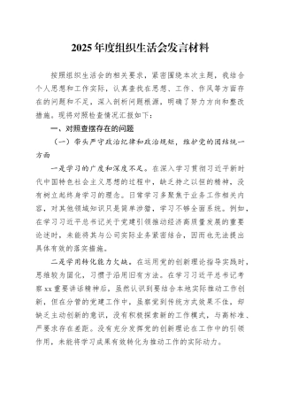 2025年度组织生活会发言材料