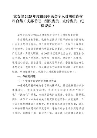 党支部2025年度组织生活会个人对照检查材料合集（支部书记、组织委员、宣传委员、纪检委员）20260401