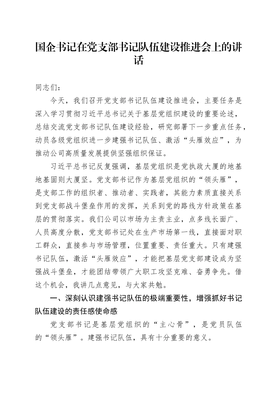 国企书记在党支部书记队伍建设推进会上的讲话_第1页
