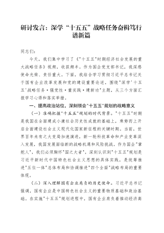 研讨发言：深学“十五五”战略任务 奋楫笃行谱新篇
