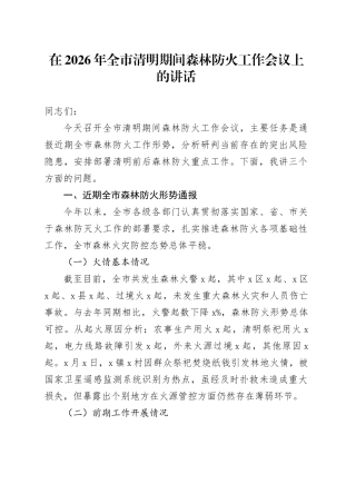 在2026年全市清明期间森林防火工作会议上的讲话