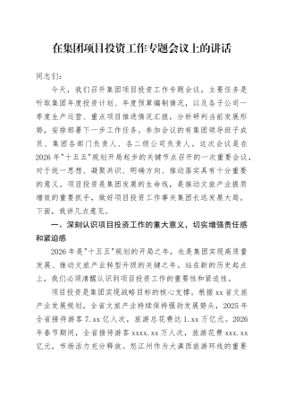 在集团项目投资工作专题会议上的讲话
