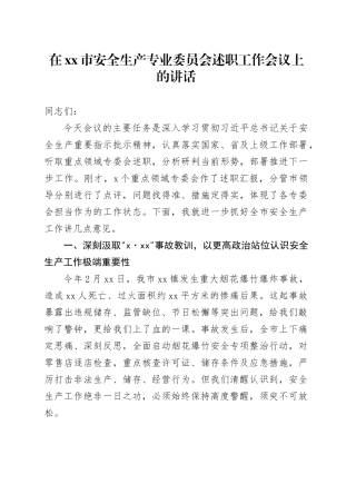 在市安全生产专业委员会述职工作会议上的讲话