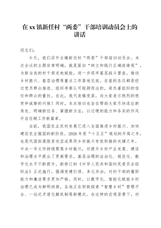 在镇新任村“两委”干部培训动员会上的讲话